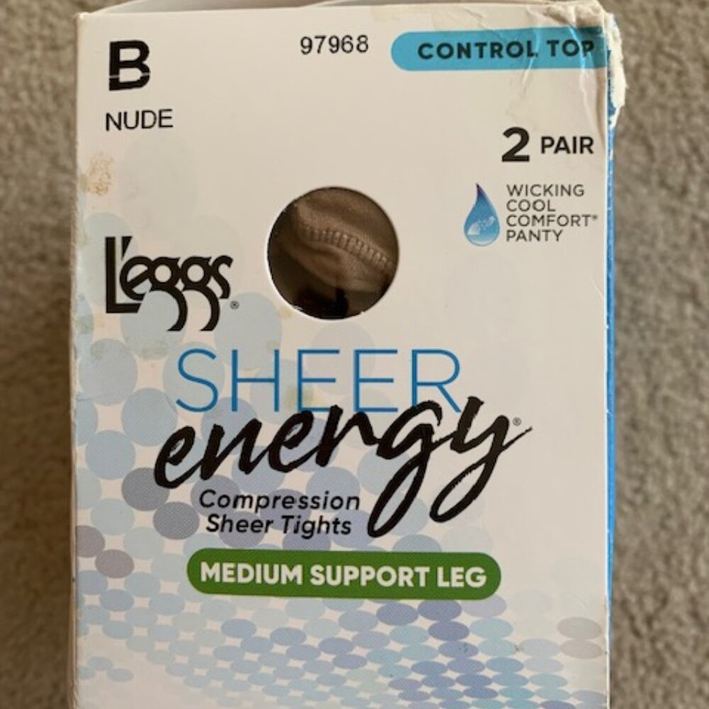 NIB Sheer Energy Medium Leg Support Control Top Tights Pantyhose 2-Pack Size B